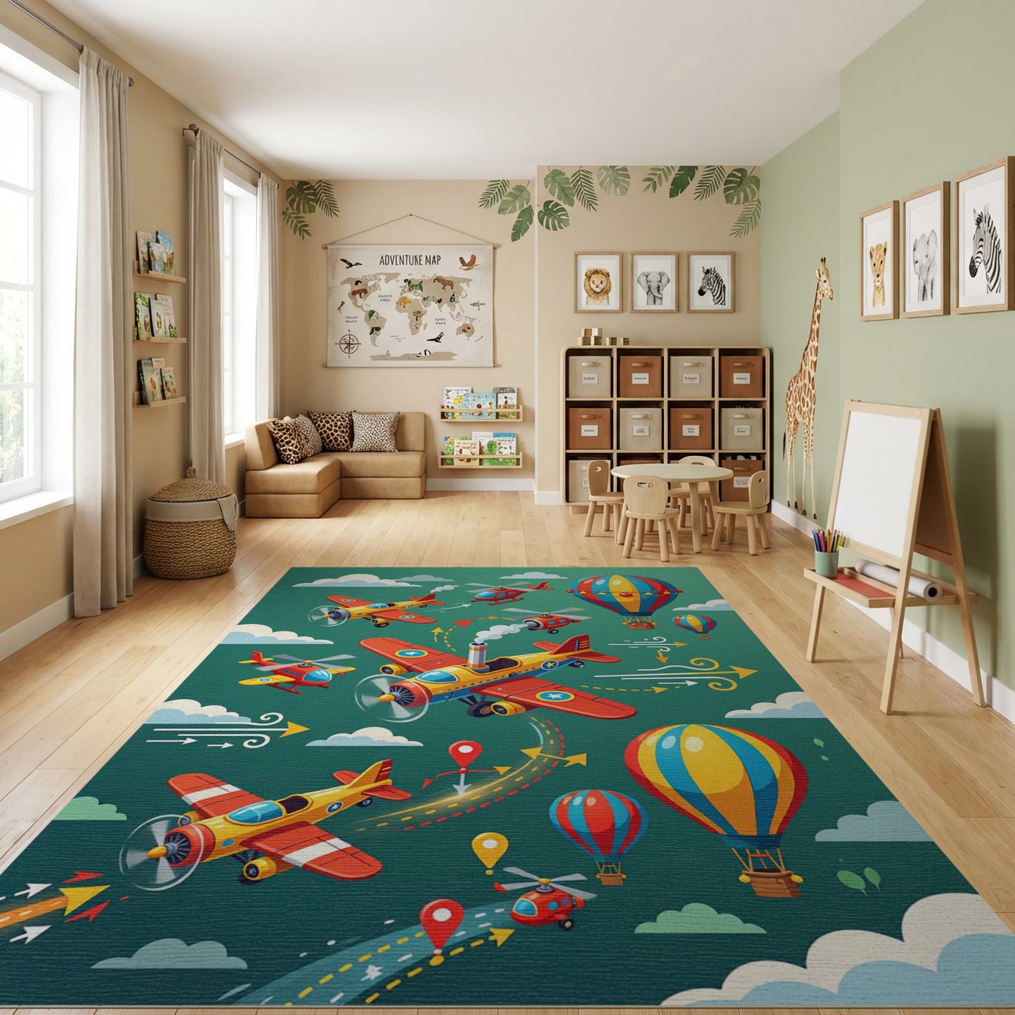 Colorful Whimsical Airplanes Balloons Helicopters Rug