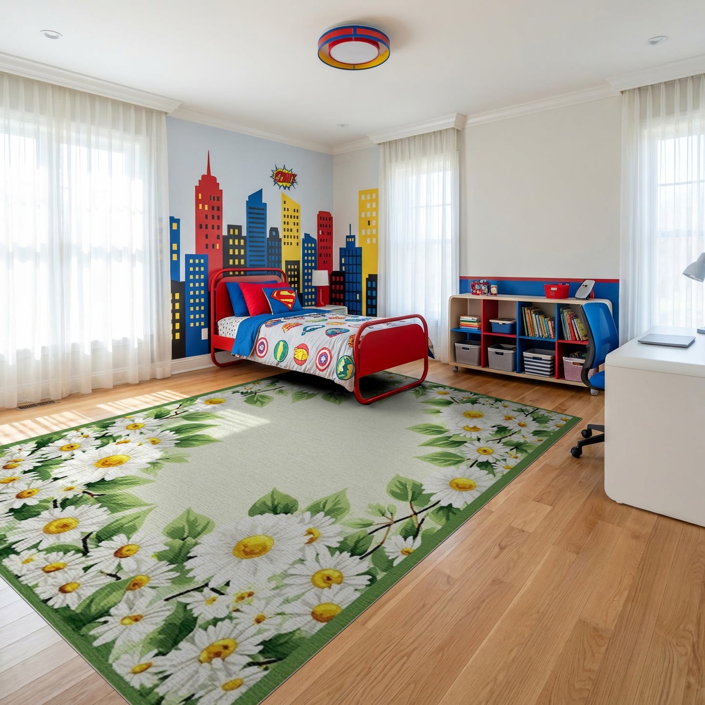 Fresh White Daisies Green Leaf Border Rug