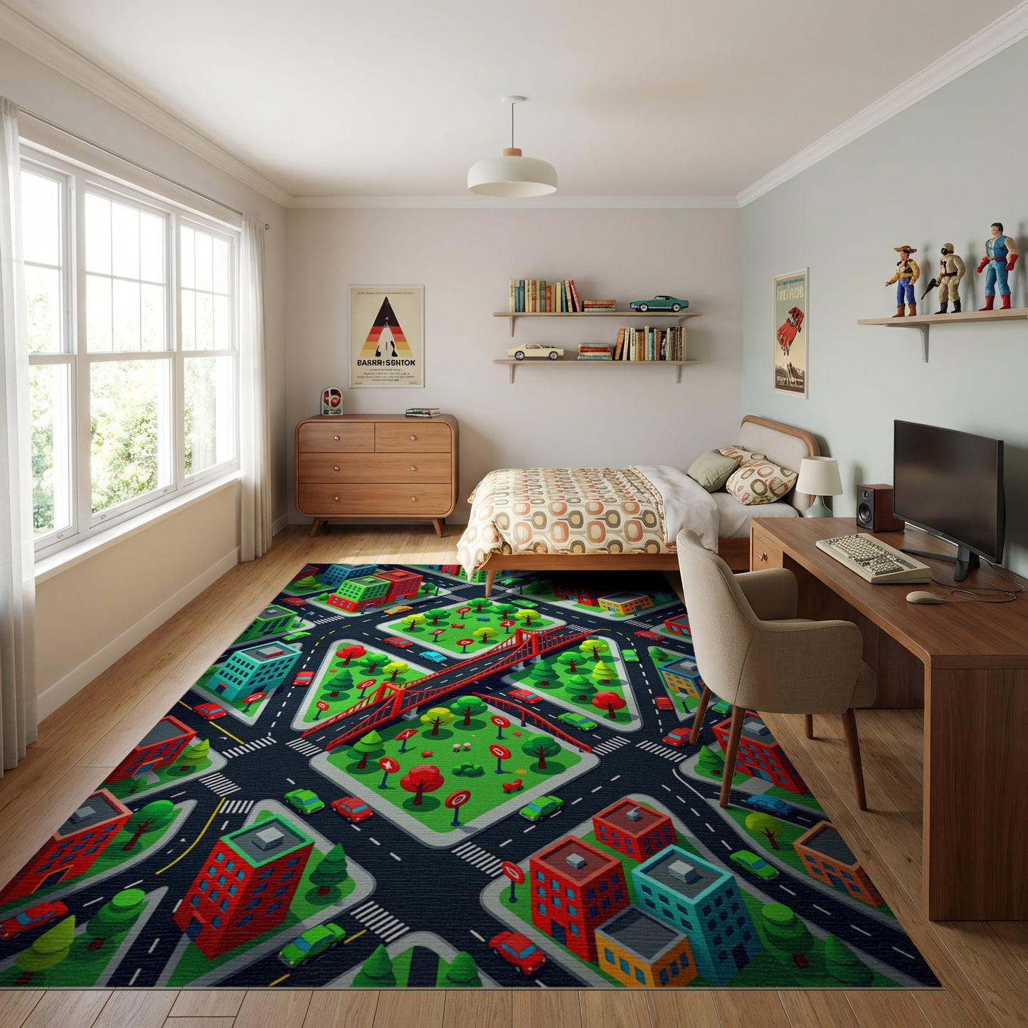 Vibrant Isometric City Bridge Rug