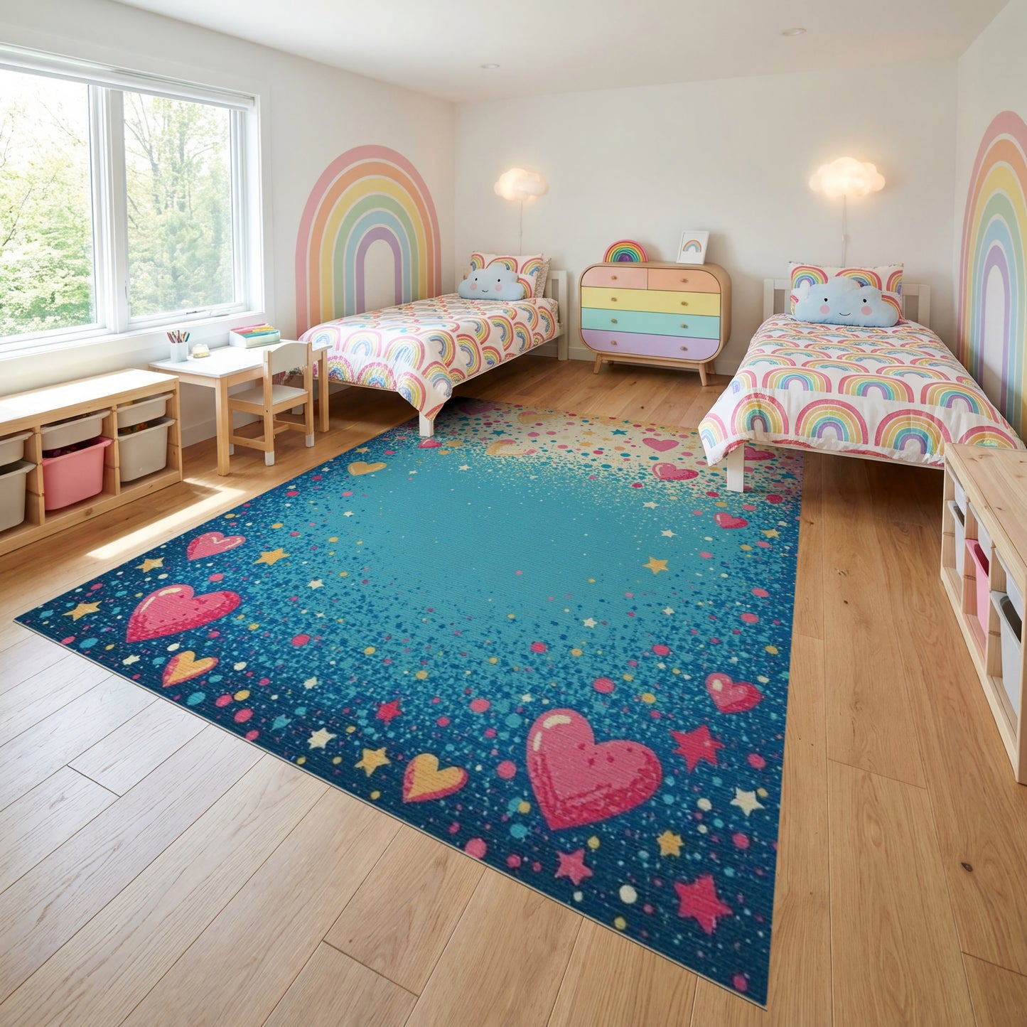 Whimsical Pink Hearts Stars Blue Rug