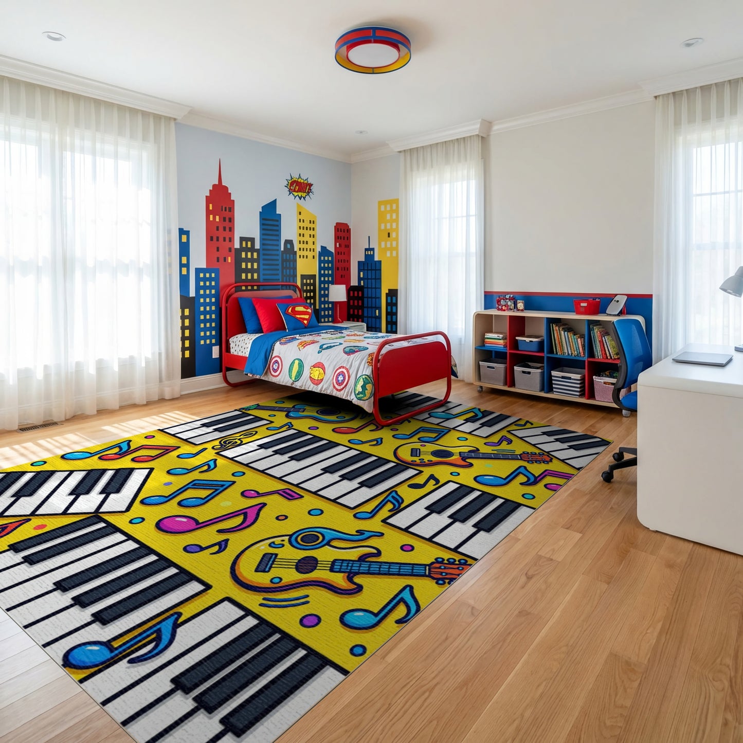 Vibrant Yellow Piano Guitar Notes Rug