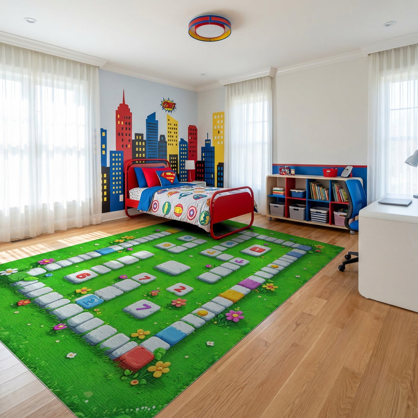 Playful Colorful Floral Numbered Tiles Rug