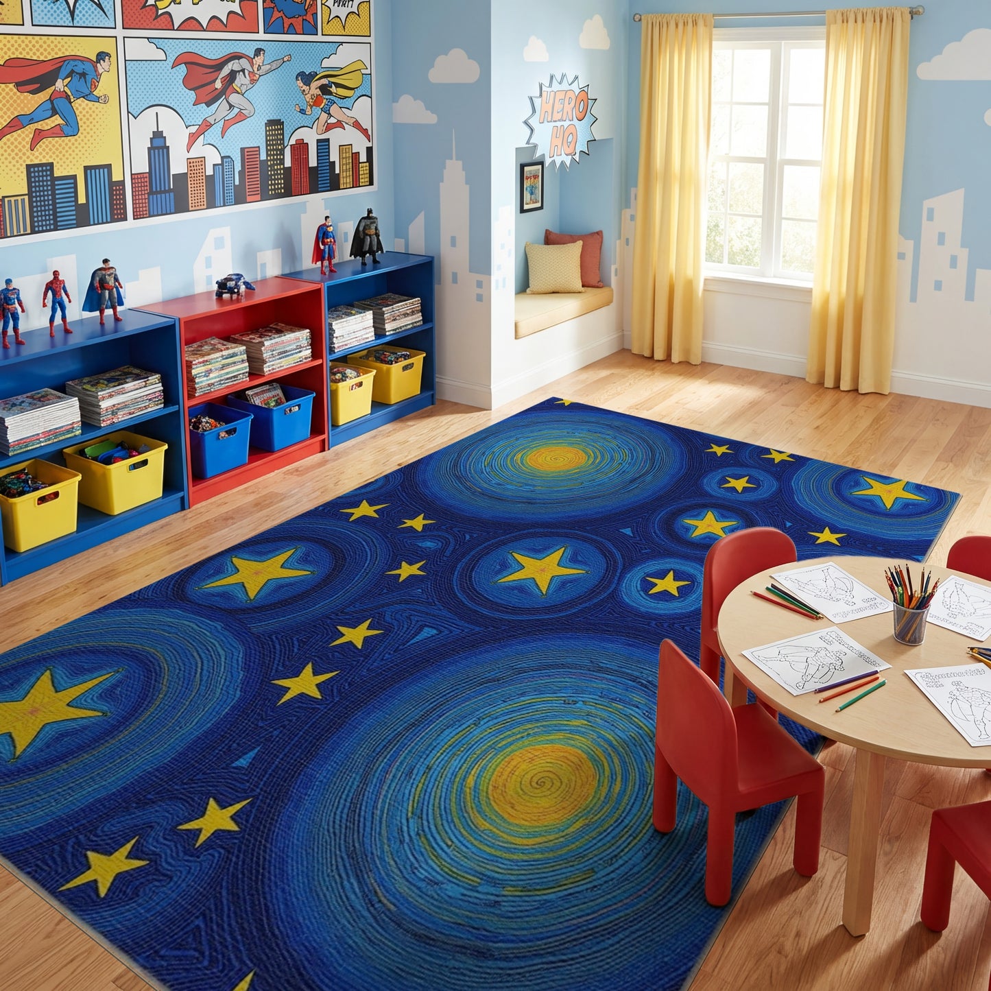 Navy Swirling Stars Yellow Spirals Rug