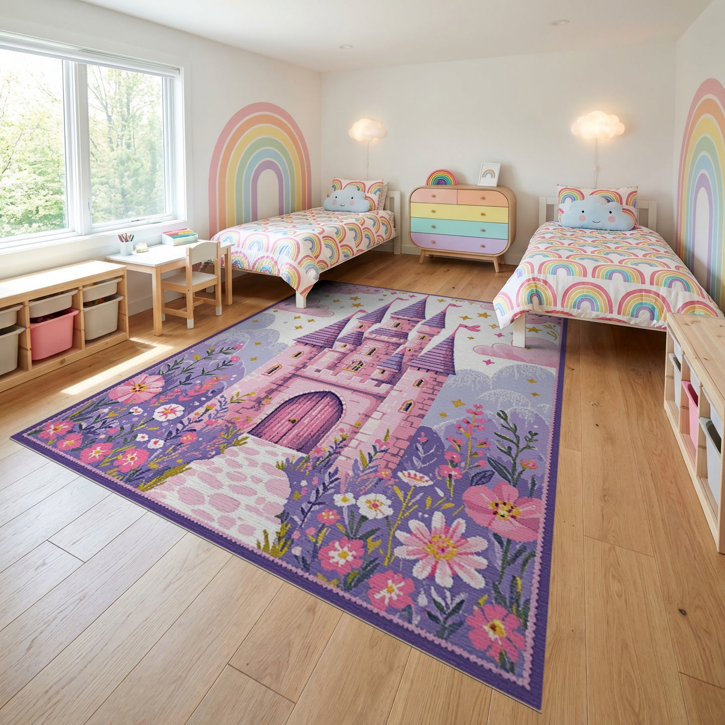 Whimsical Pink Purple Castle Floral Rug