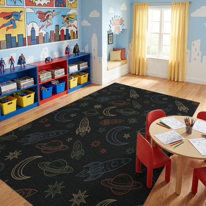 Cosmic Rockets Stars Moons Planets Rug