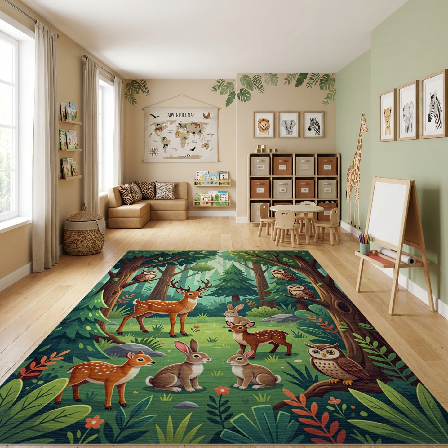 Whimsical Forest Deer Owls Rabbits Rug