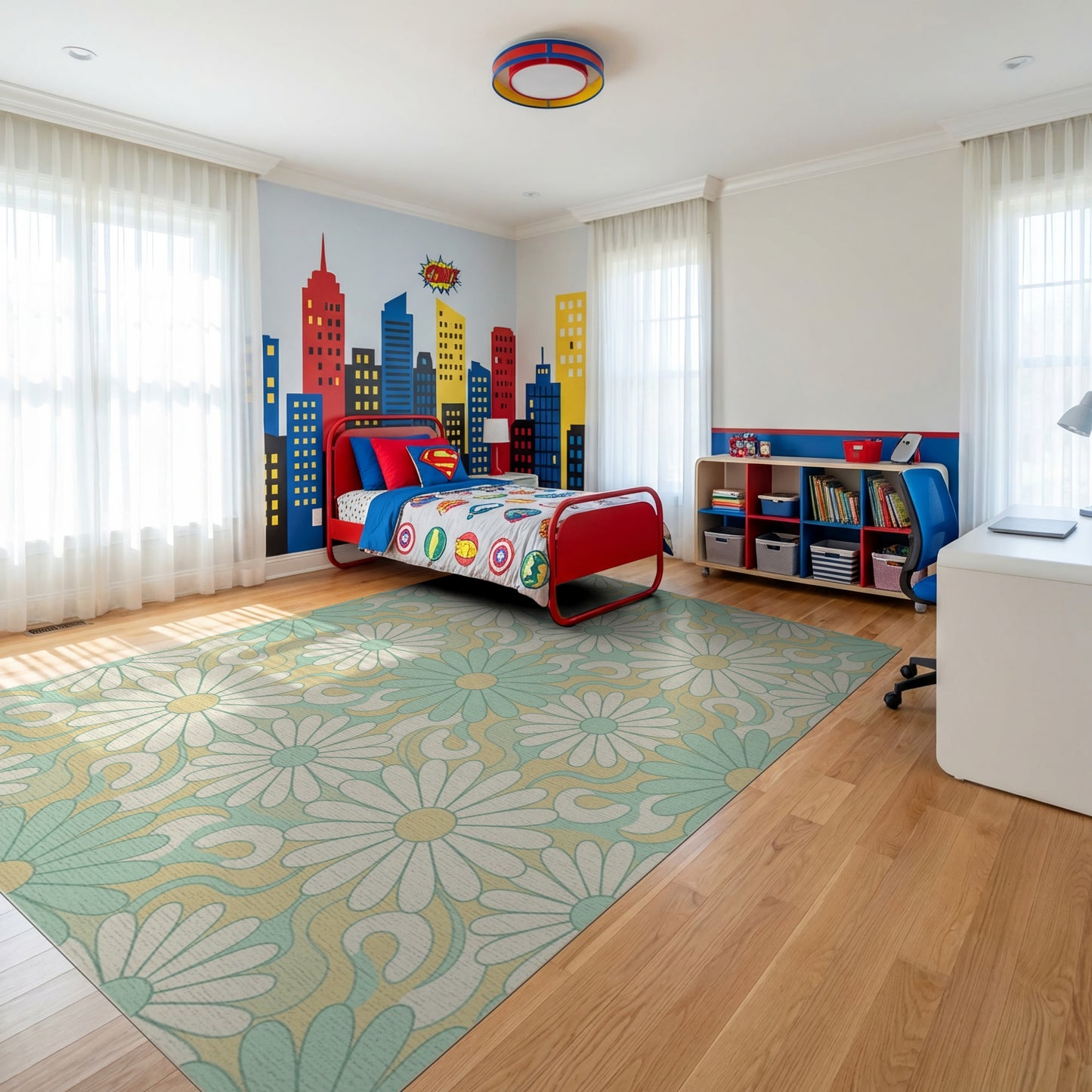 Teal White Daisy Swirl Rug