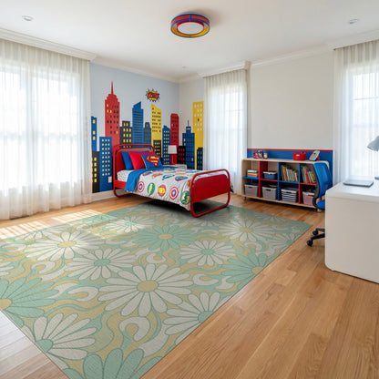 Teal White Daisy Swirl Rug