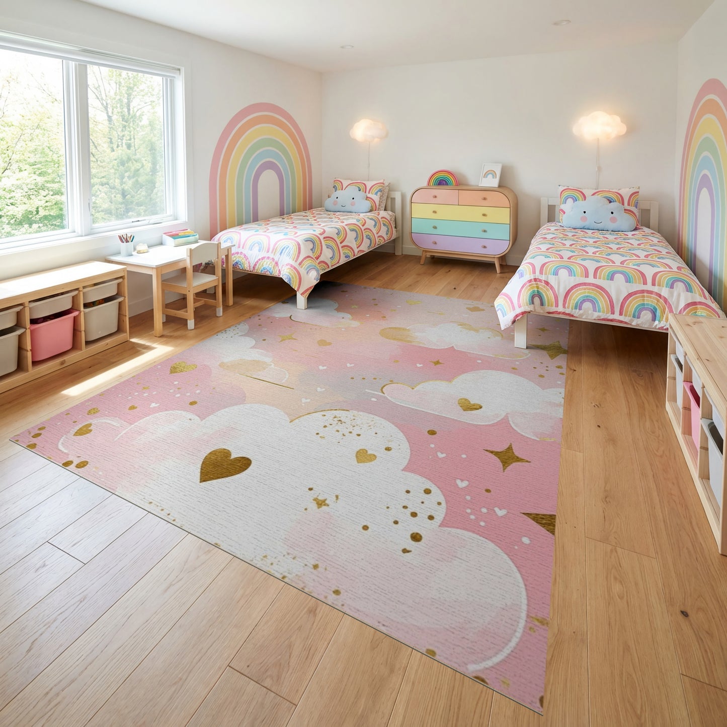 Whimsical Pink Clouds Hearts Stars Rug