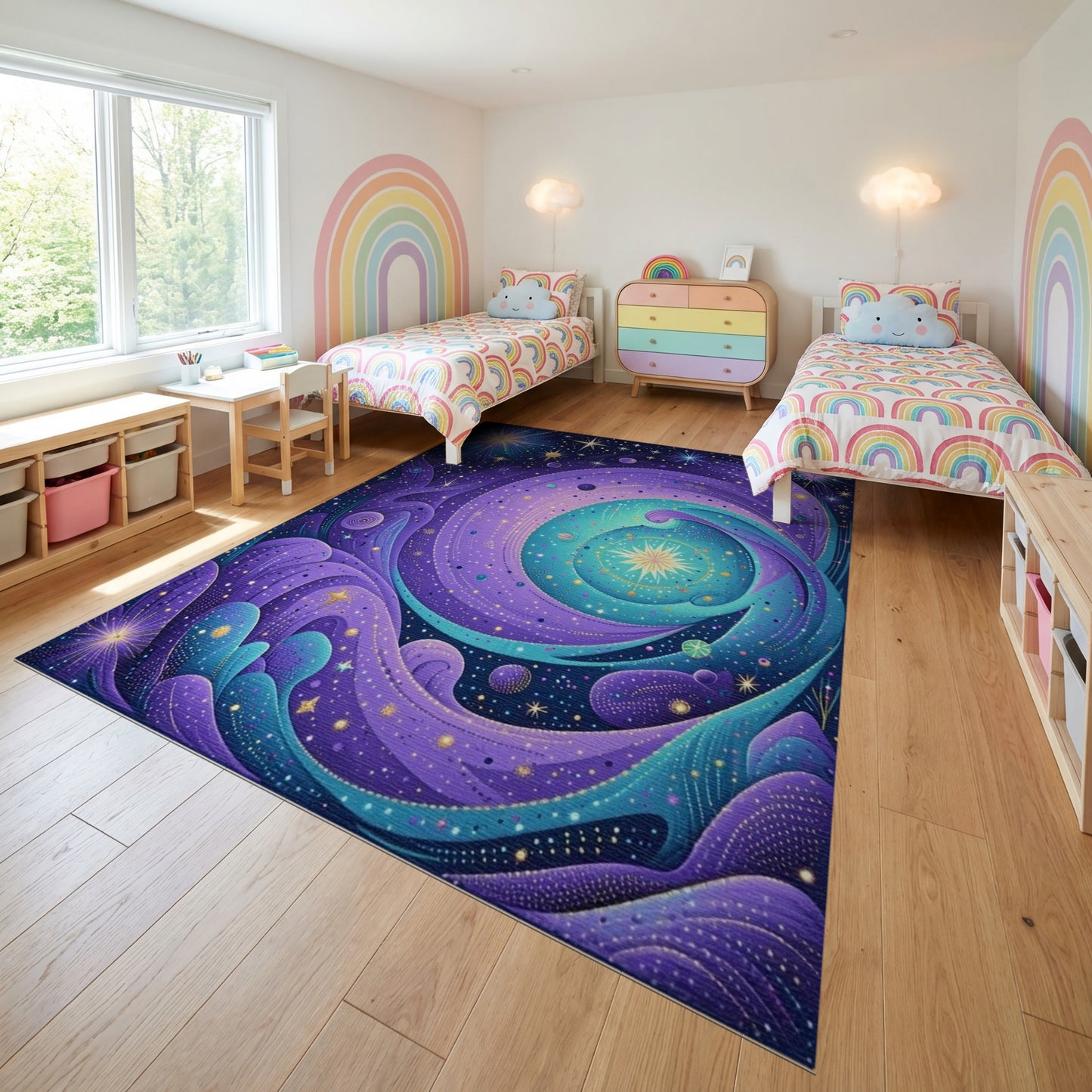 Purple Teal Cosmic Swirl Stars Rug