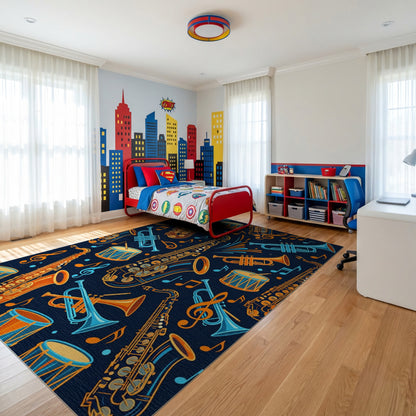 Vibrant Saxophone Trumpet Drum Notes Rug