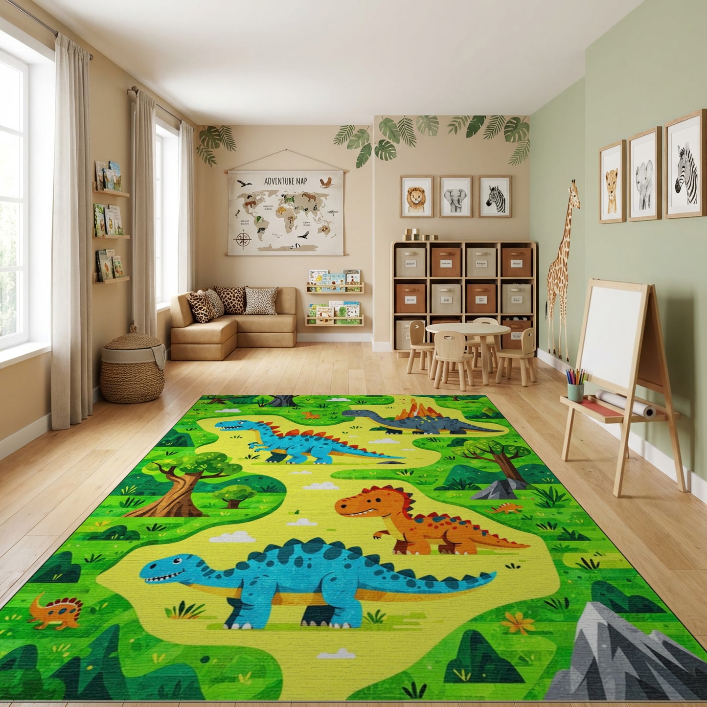 Playful Dinosaur Jungle Volcano Rug
