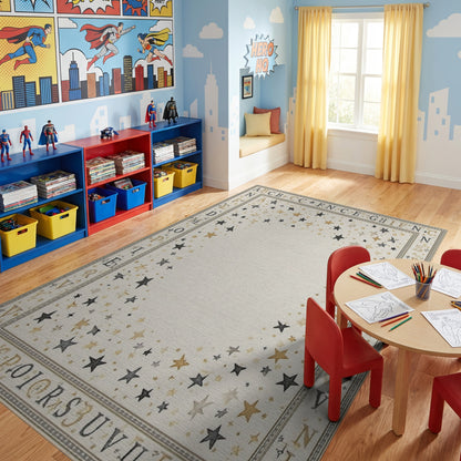 Black Gold Scattered Stars Alphabet Border Rug