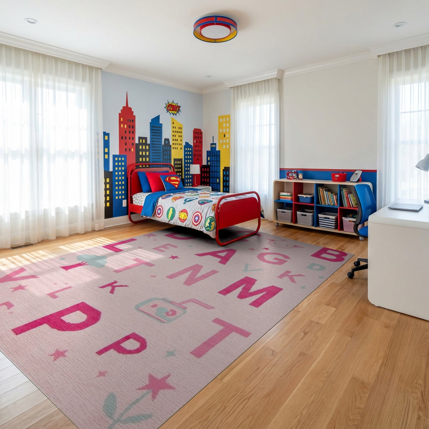 Playful Pink Alphabet Pig Stars Rug