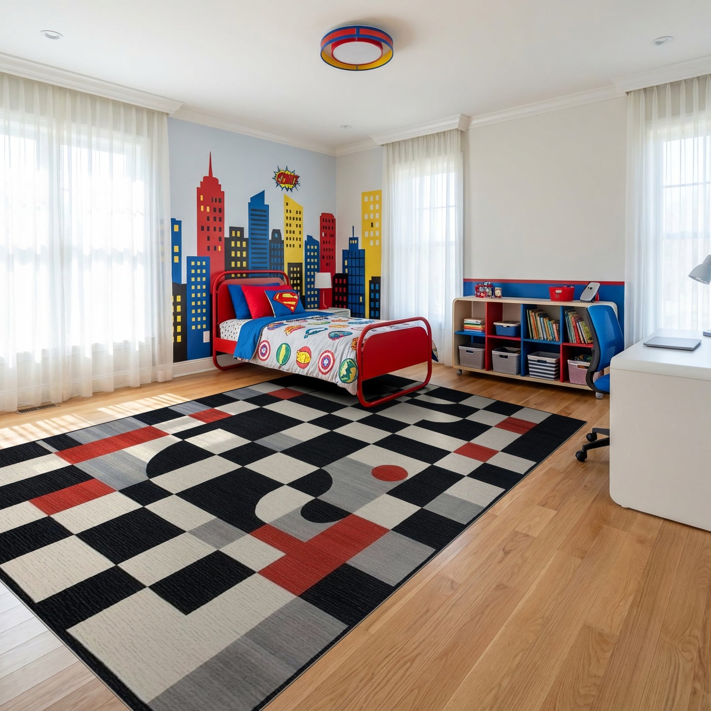 Modern Black White Red Checkerboard Rug