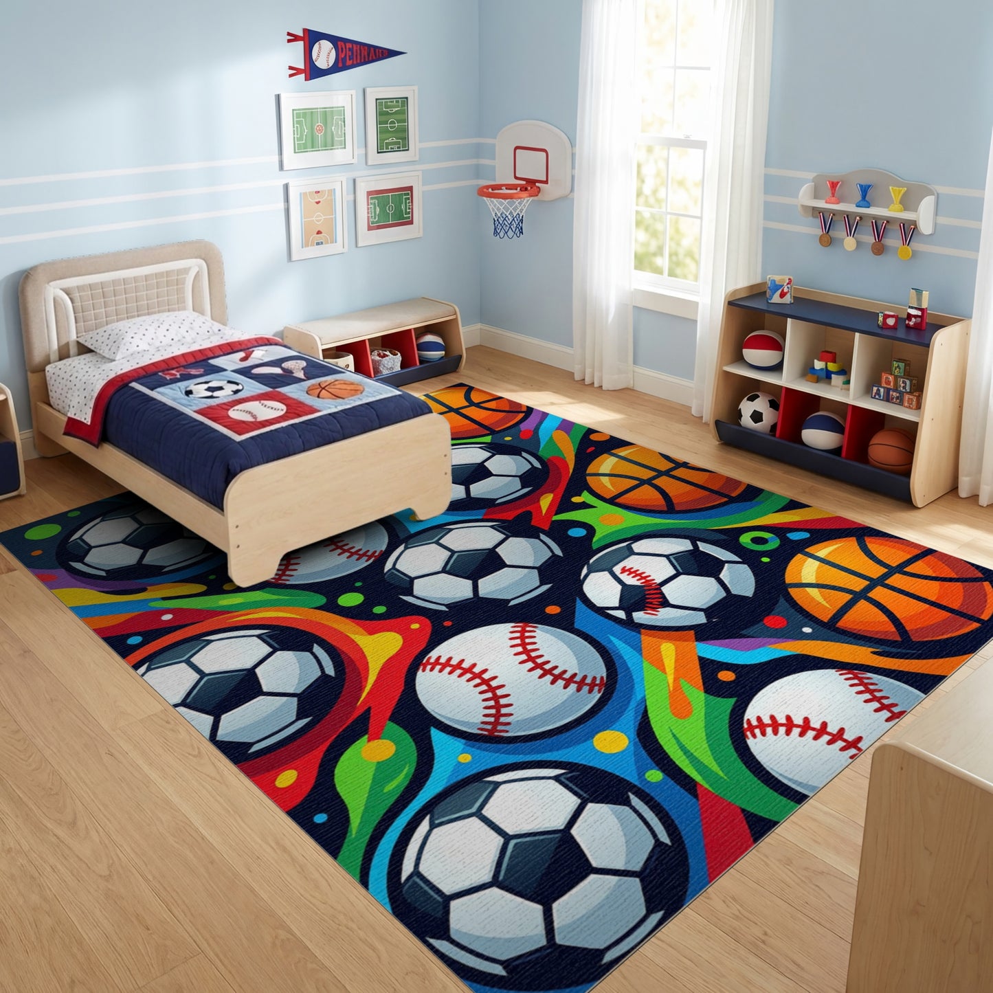 Vibrant Soccer Baseball Basketball Rainbow Rug