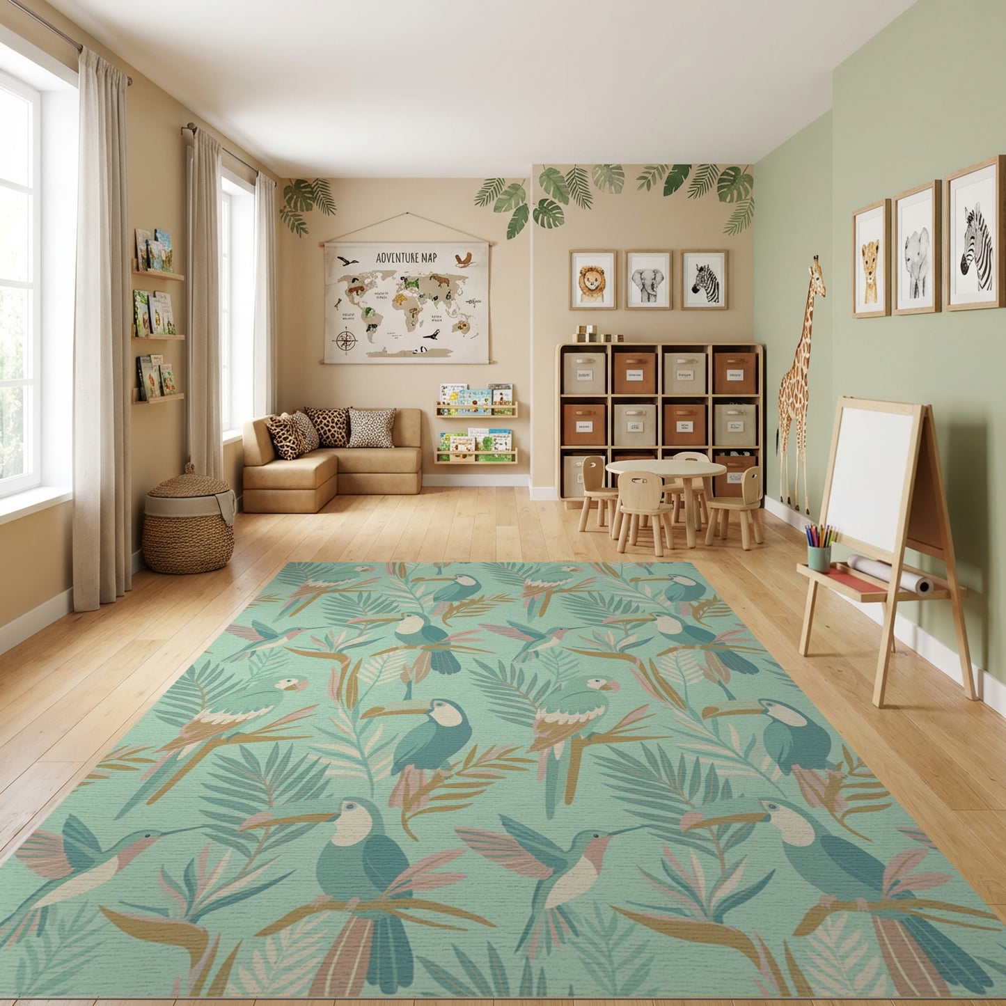 Tropical Teal Toucan Fern Hummingbird Rug