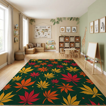 Vibrant Yellow Orange Red Leaves Green Rug