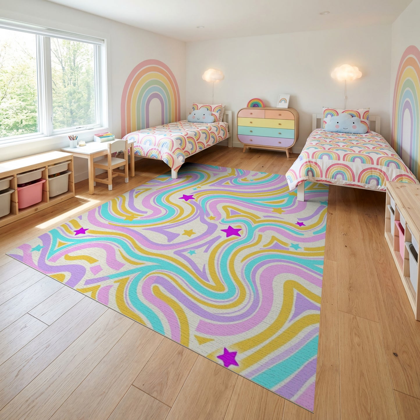 Retro Groovy Pastel Wavy Stars Rug