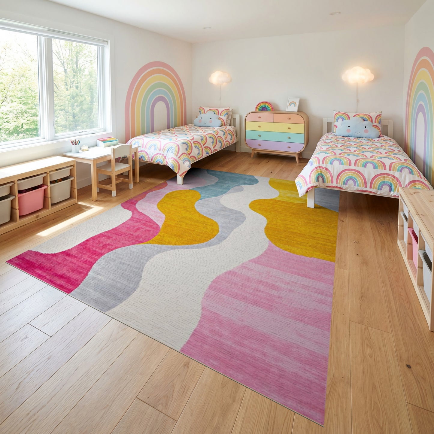 Vibrant Teal Pink Yellow Wavy Rug