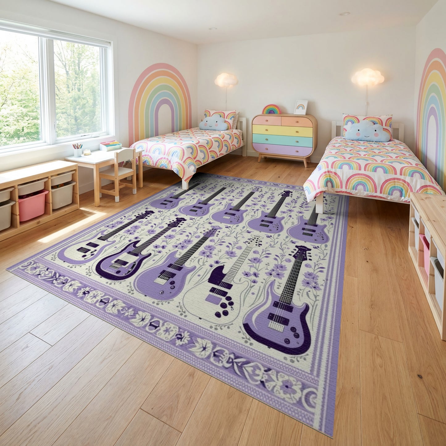 Purple Electric Guitars Floral Rug
