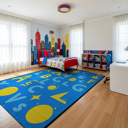 Playful Bold Yellow Alphabet Blue Rug