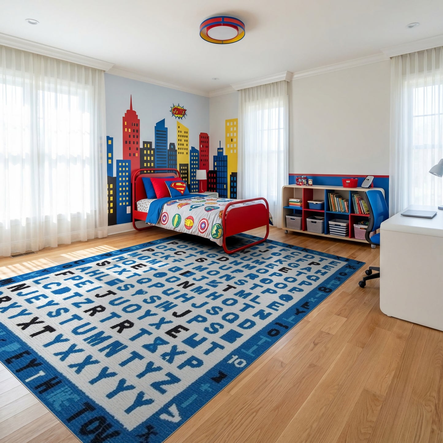 Playful Blue Alphabet Grid Rug