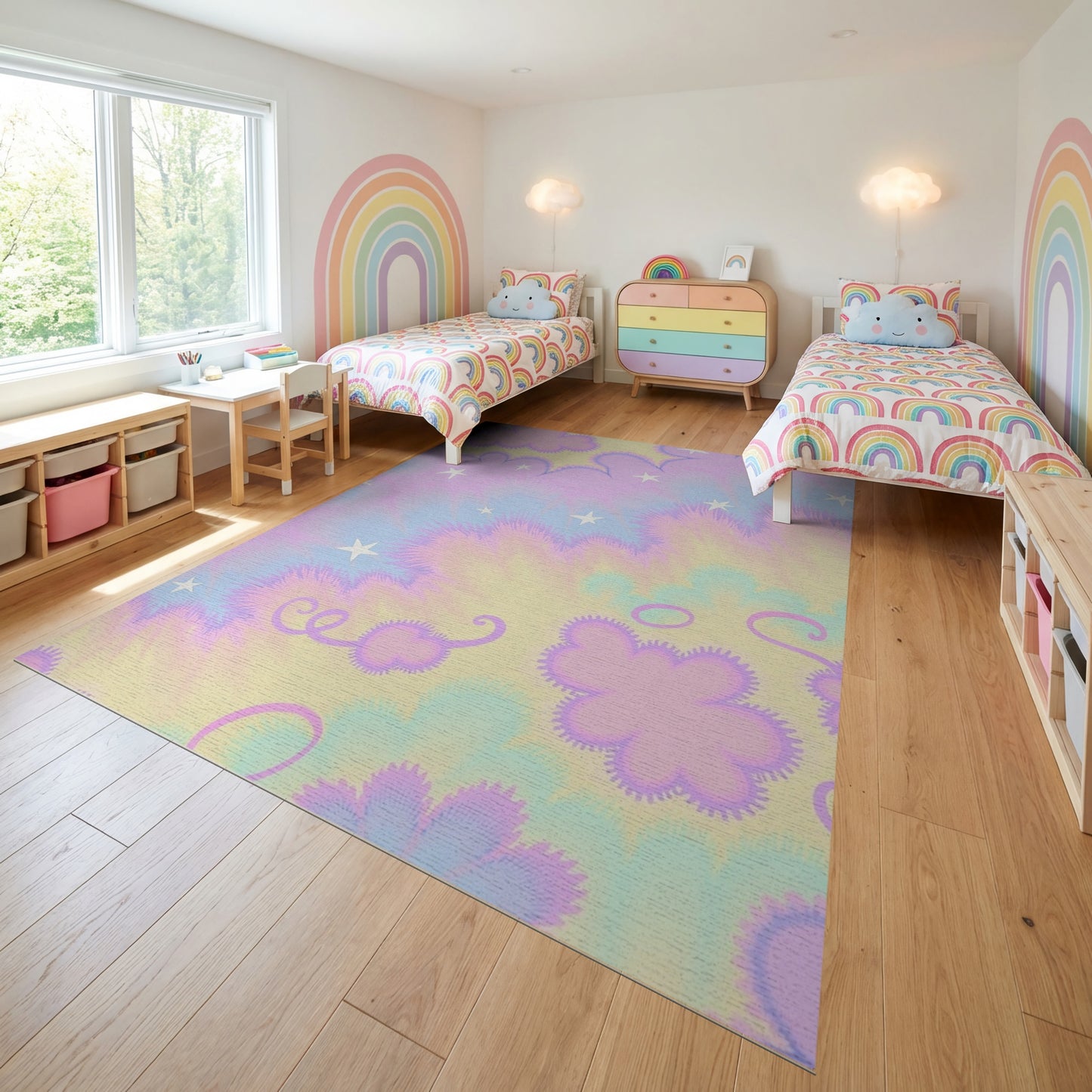 Dreamy Pastel Fluffy Clouds Stars Rug