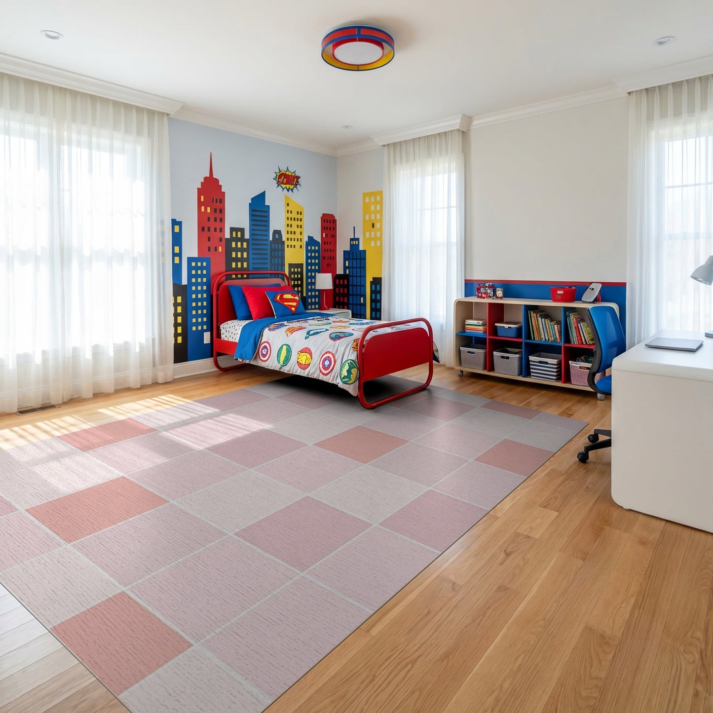 Blush Pink Geometric Grid Rug