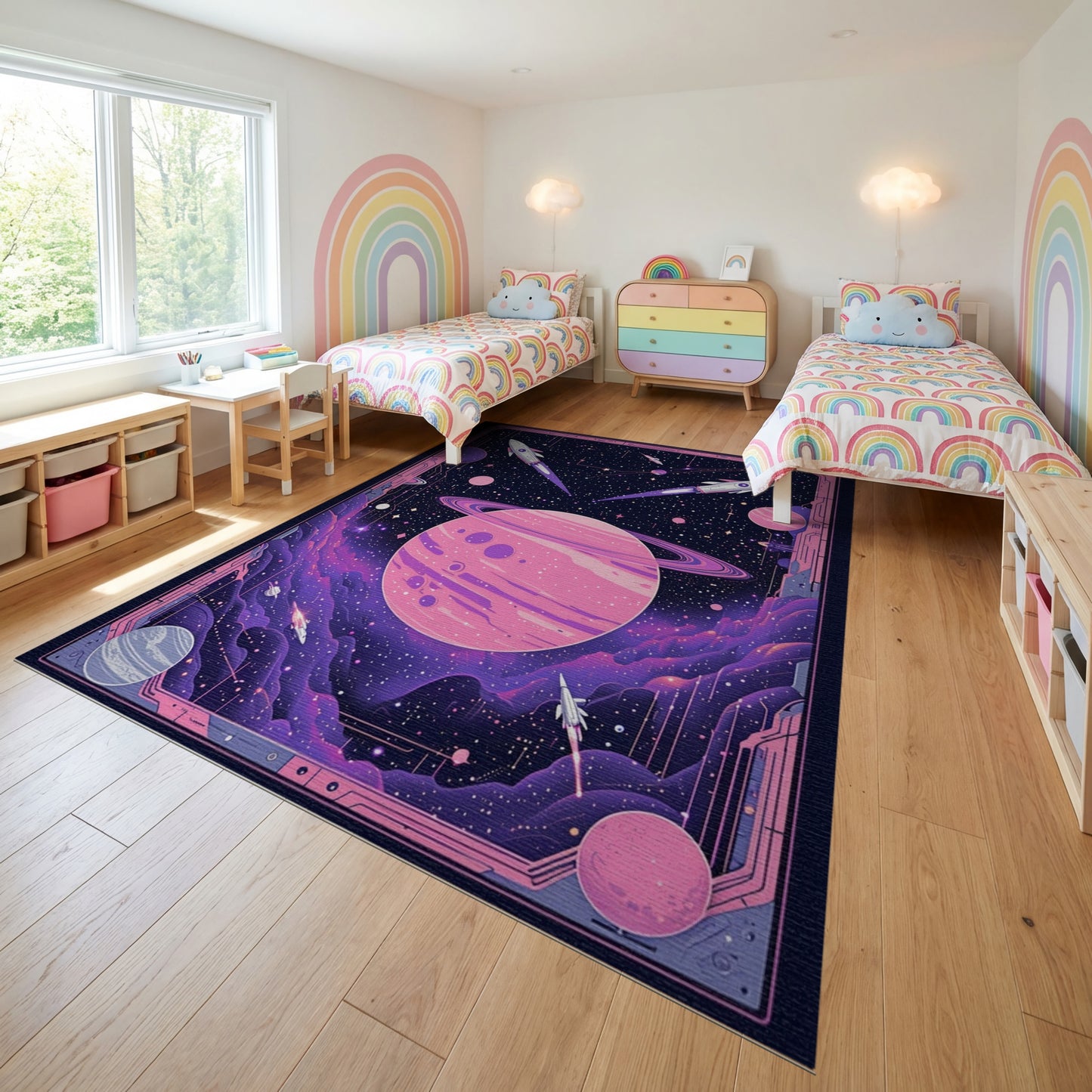 Pink Saturn Rockets Cosmic Nebula Rug