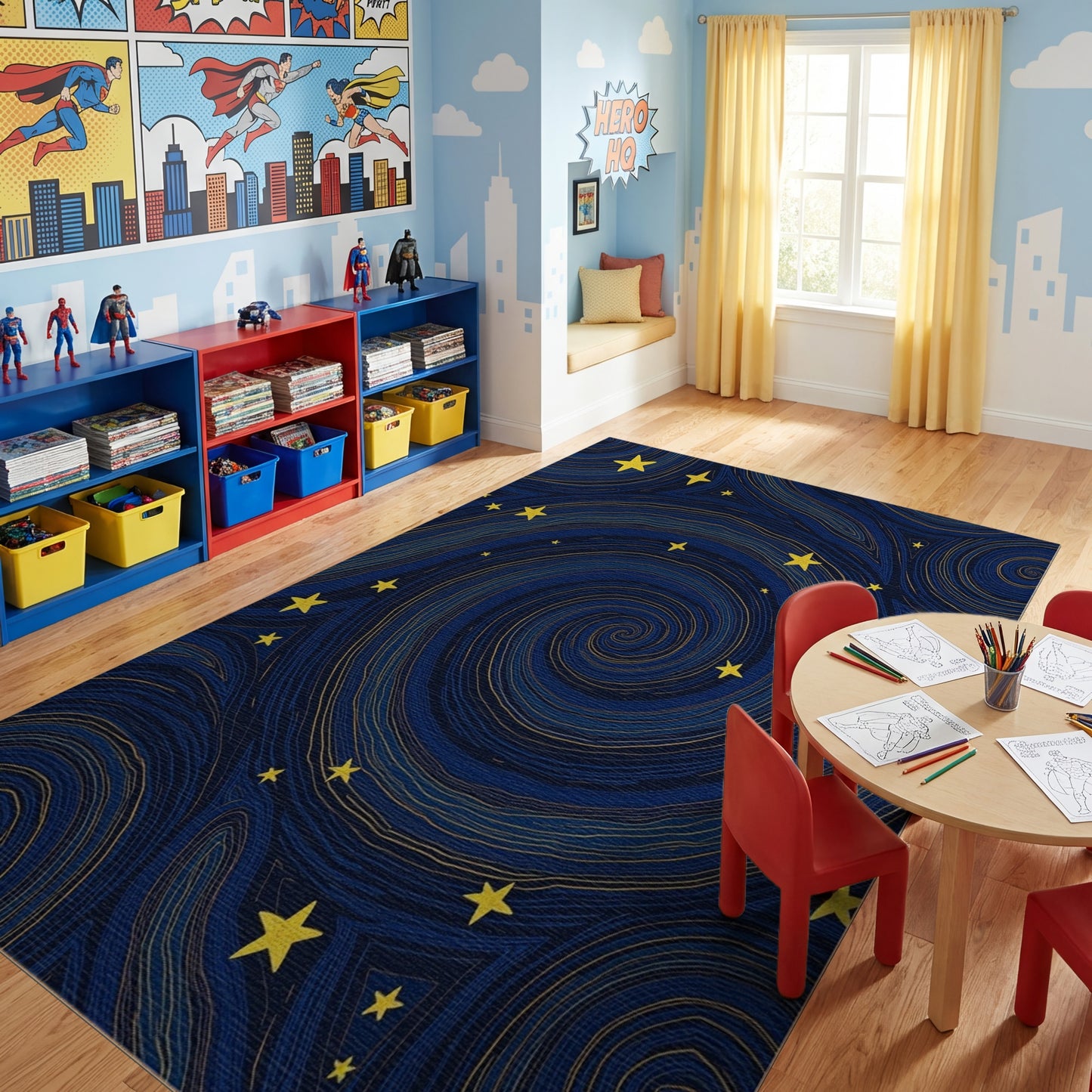 Navy Swirling Spirals Golden Stars Rug
