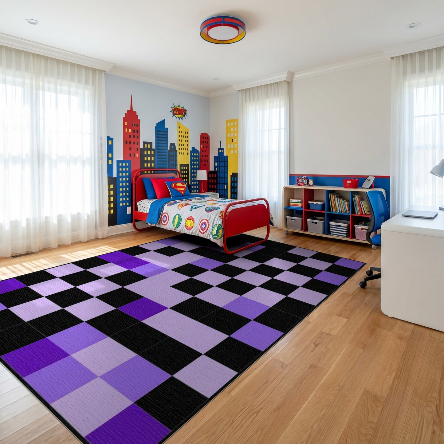 Purple Black Tonal Grid Rug