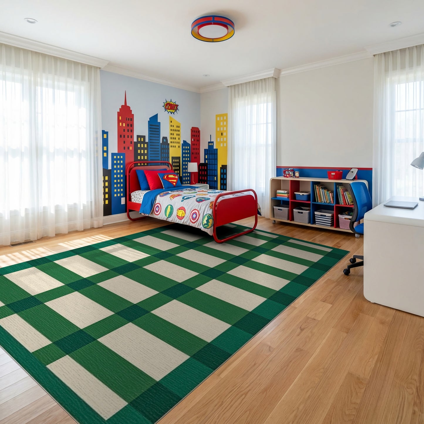 Bold Green White Plaid Check Rug