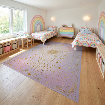 Radiant Golden Starburst Starry Purple Rug