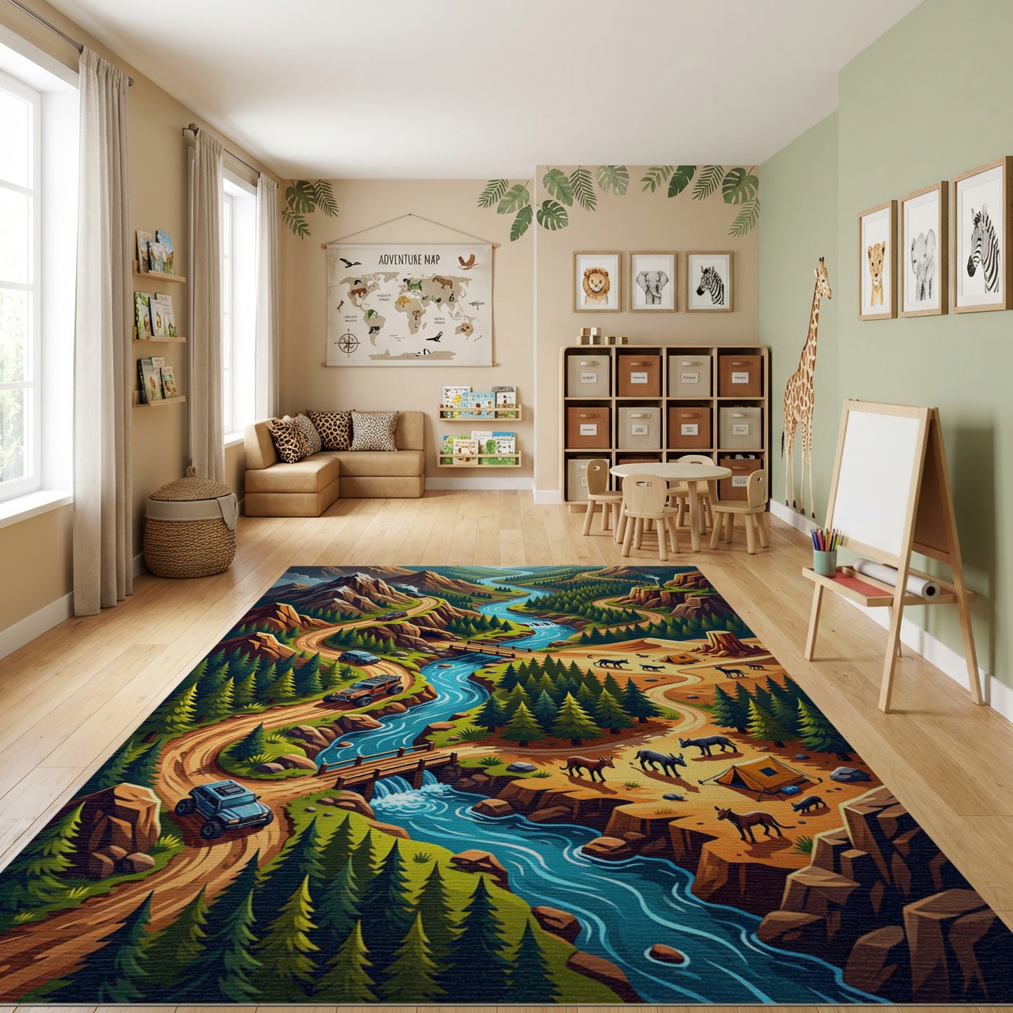 Vibrant Winding River Mountain Forest Rug