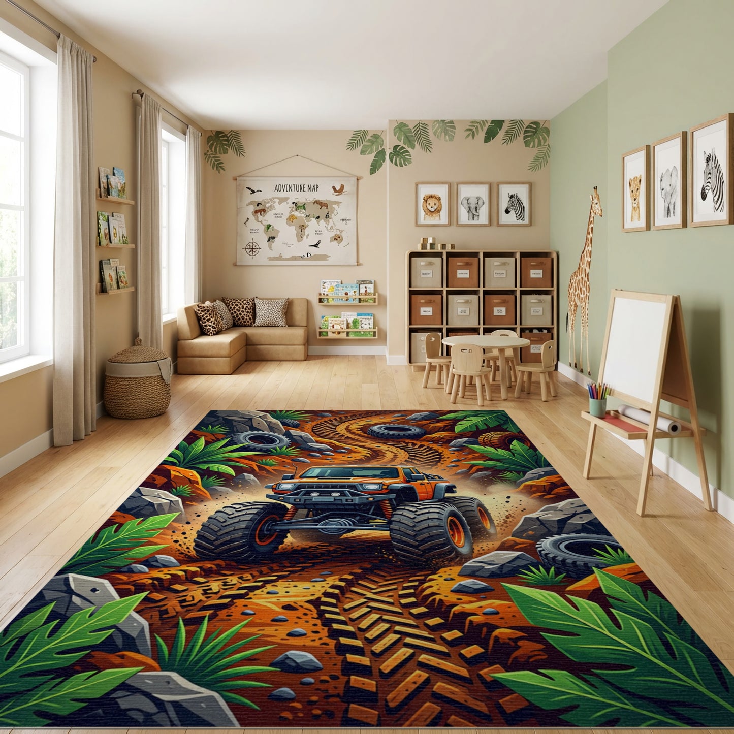 Vibrant Monster Truck Jungle Trail Rug
