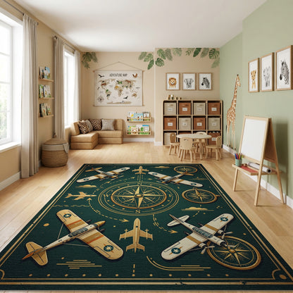 Vintage Gold Airplane Compass Rug