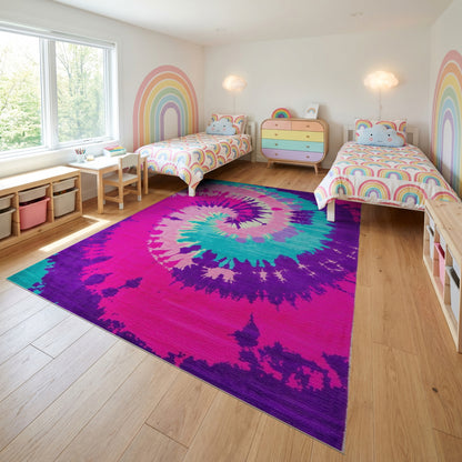 Pink Purple Teal Spiral Tie Dye Rug