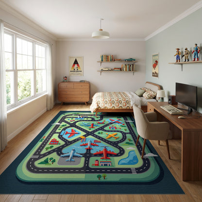 Playful Green Airplanes Roads City Rug