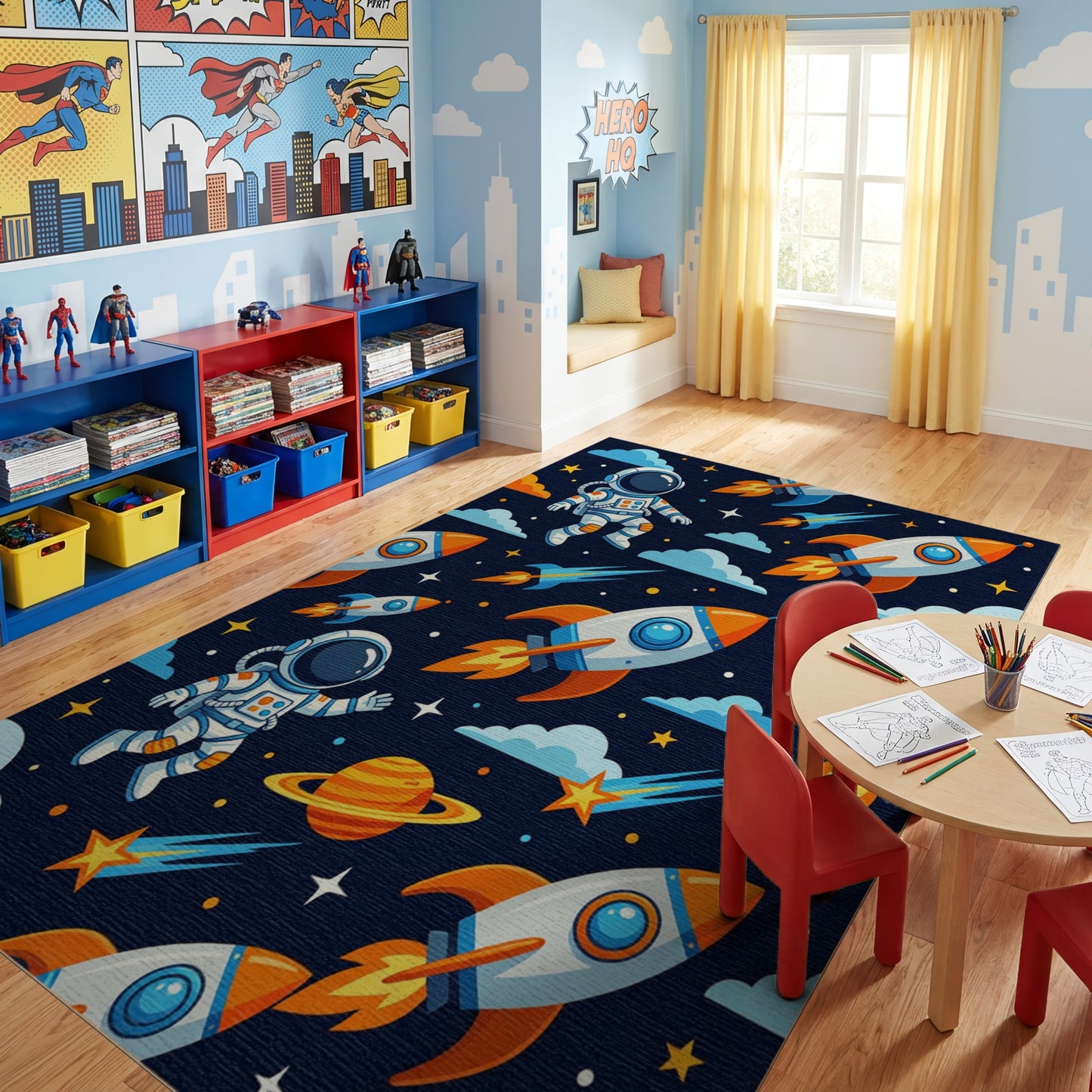 Whimsical Astronaut Rockets Stars Clouds Rug