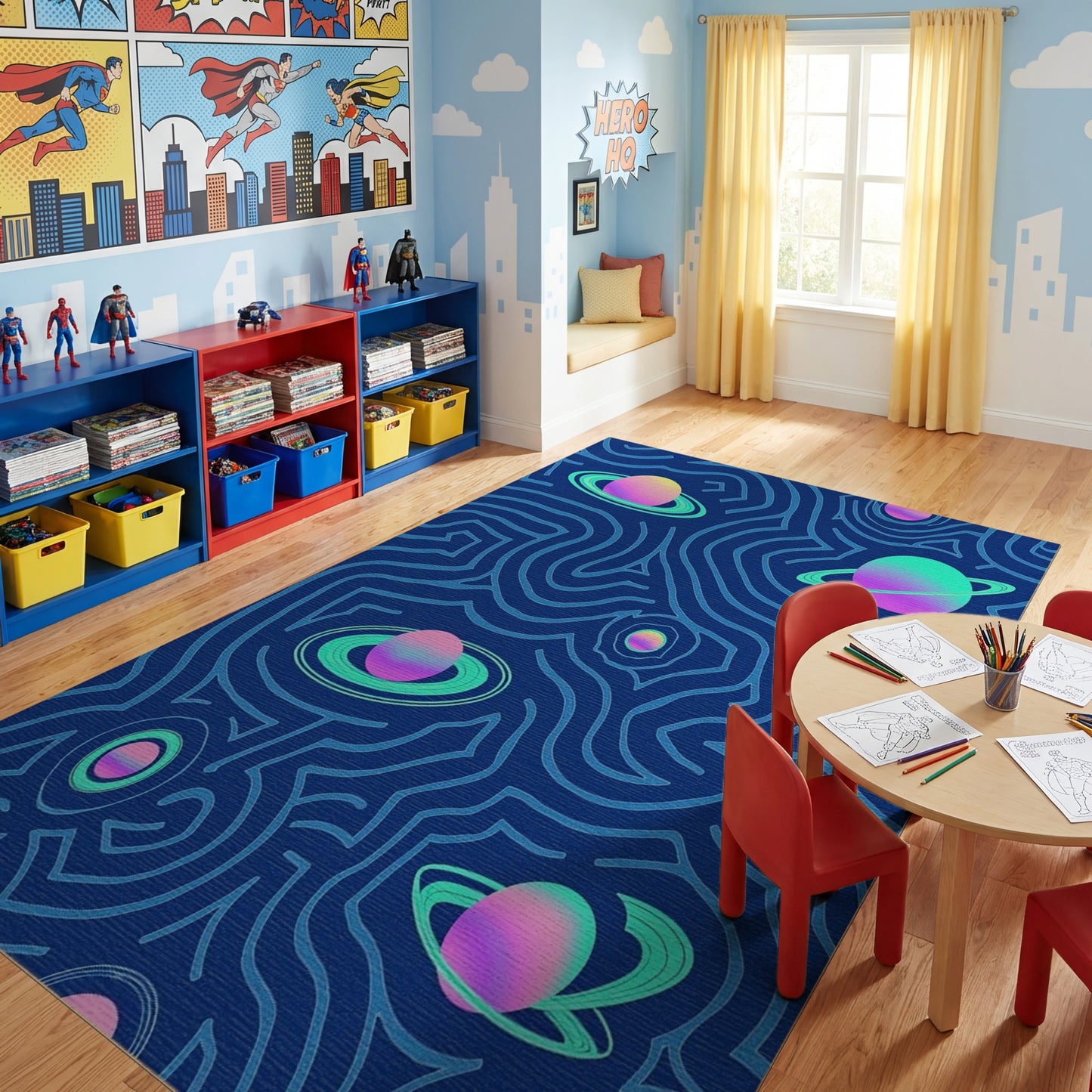 Navy Wavy Cosmic Ringed Planets Rug