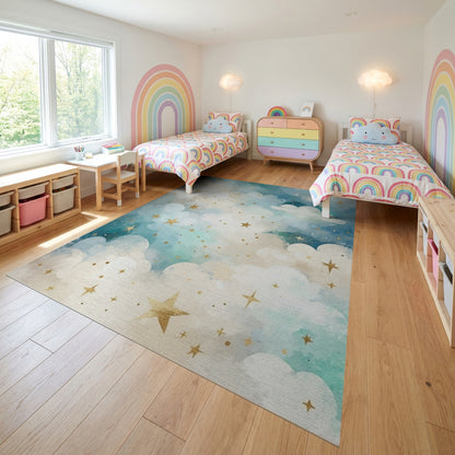 Dreamy Teal Clouds Golden Stars Rug