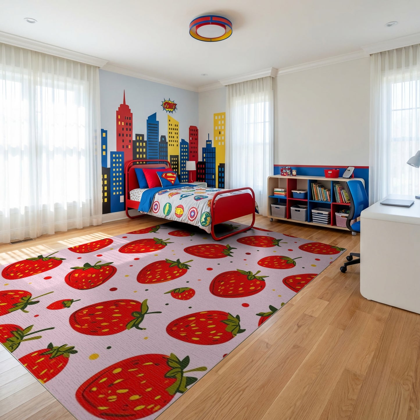 Whimsical Pink Strawberry Yellow Dots Rug