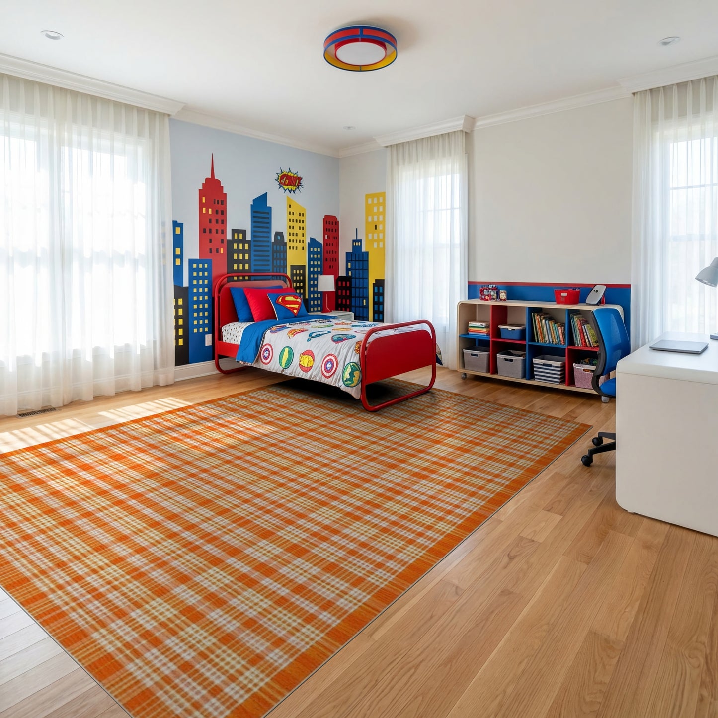 Vibrant Orange and White Plaid Rug