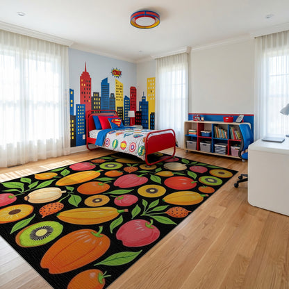 Vibrant Whimsical Fruits Vegetables Leaves Rug