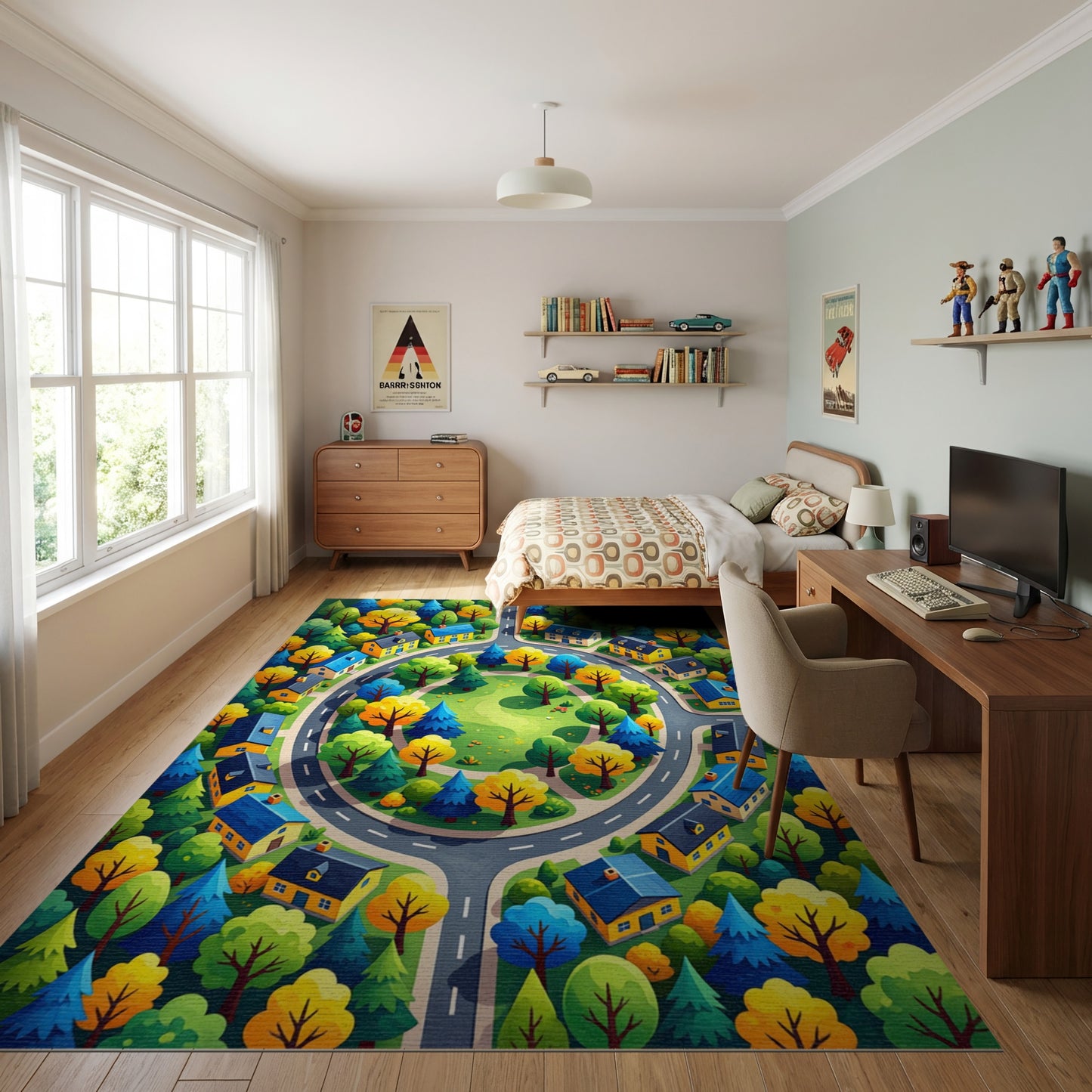 Vibrant Autumn Village Roundabout Trees Rug