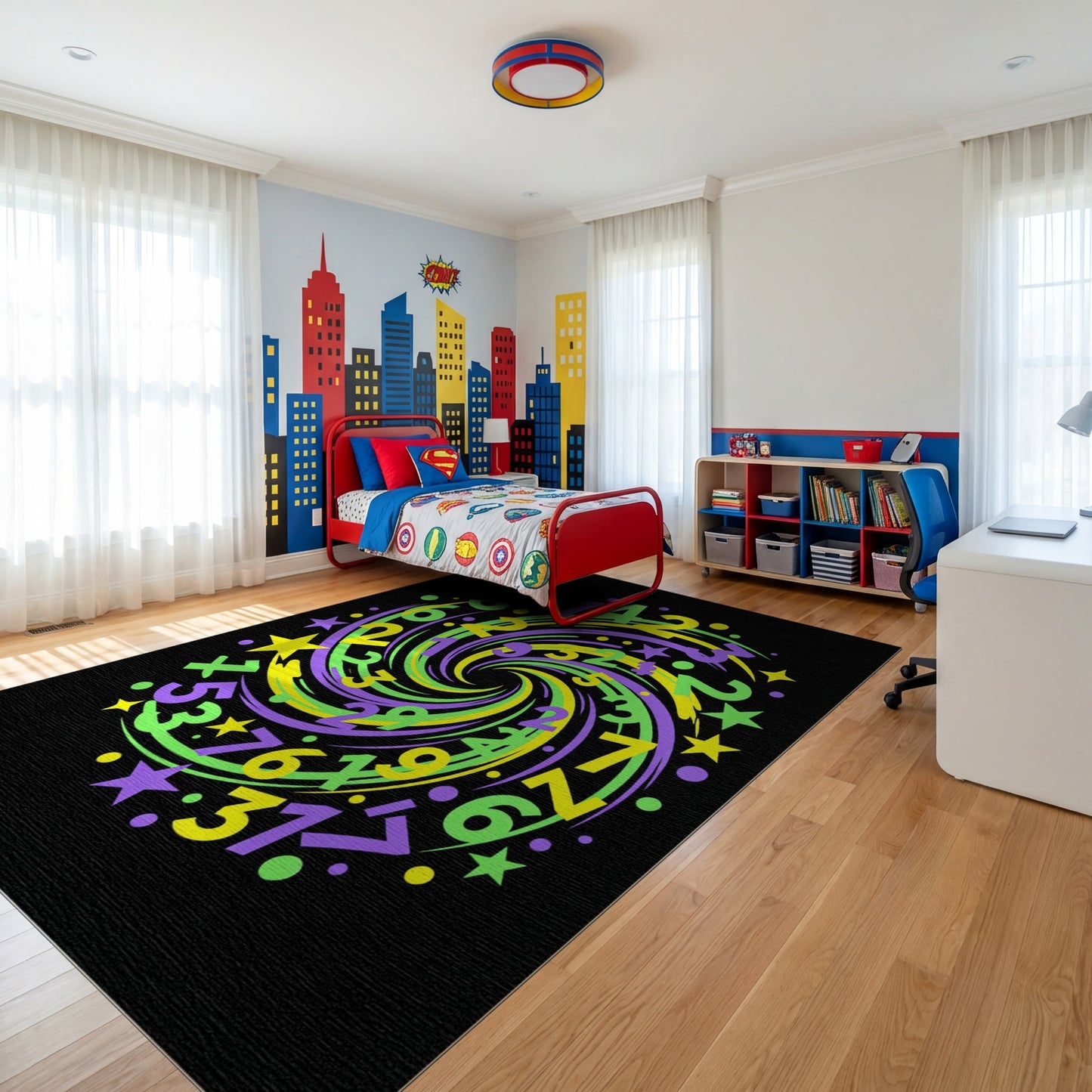 Swirling Purple Green Yellow Numbers Stars Rug