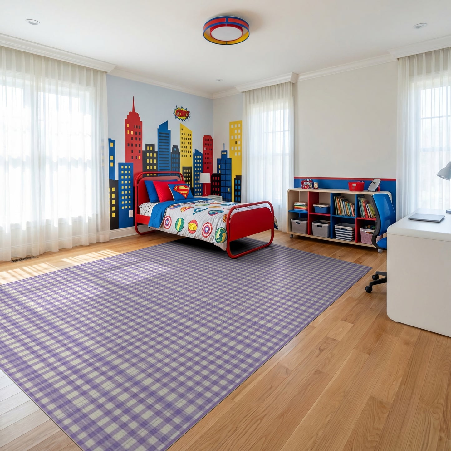 Purple White Gingham Check Rug