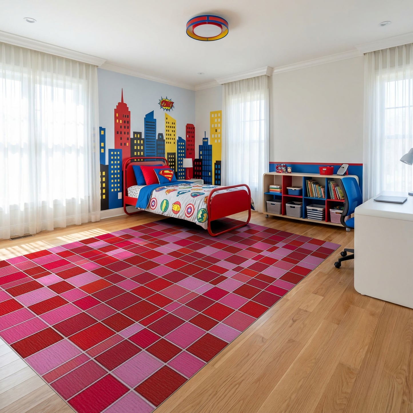 Bold Pink Red Mosaic Grid Rug