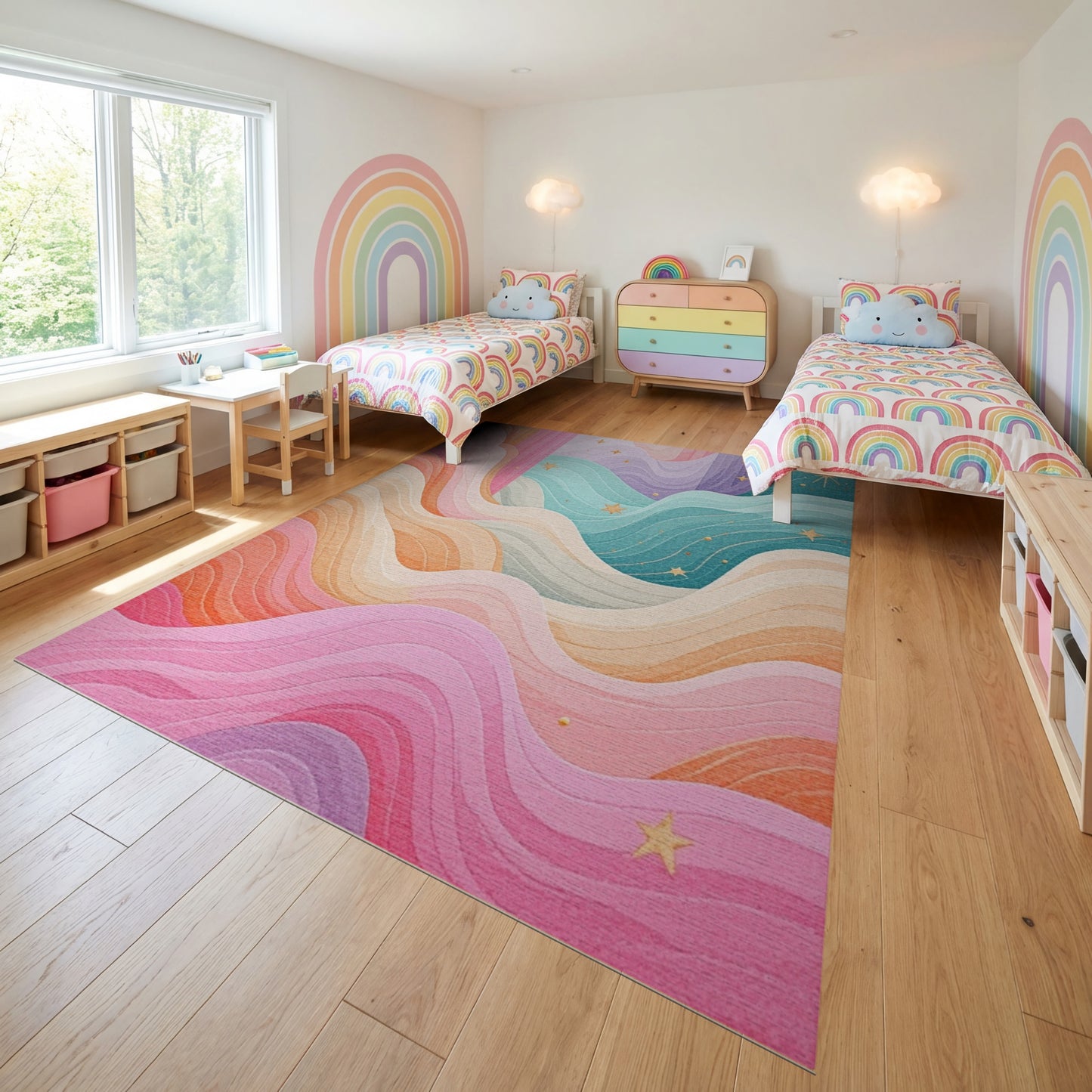 Pastel Wavy Layers Gold Stars Rug